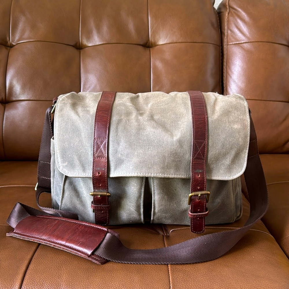 ONA Brixton Messenger Camera Bag - Gray Waxed Canvas, Brown Leather Accents